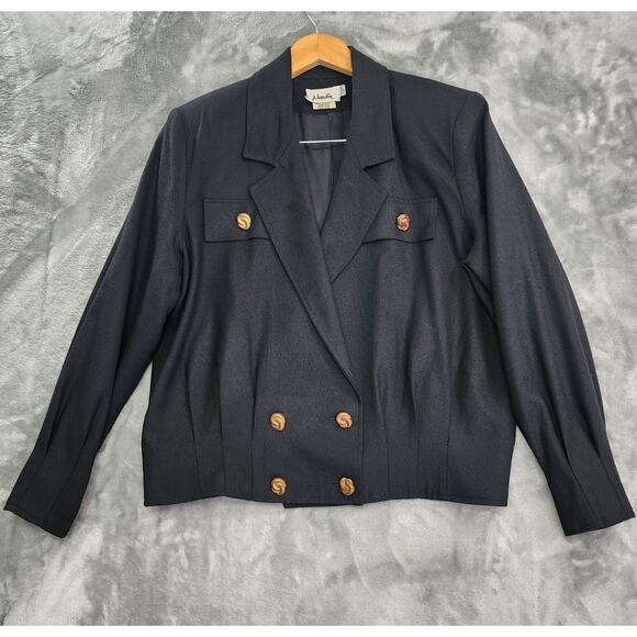 Vintage 80s Johardin Jacket Womens 10 Black Wool Pleated Double-Breasted Blazer - Picture 1 of 9